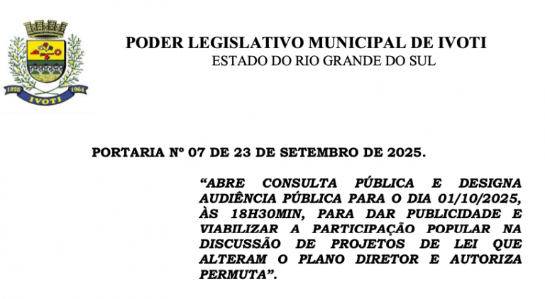 Audiência Pública dia 01/10/2025 às 18h30min