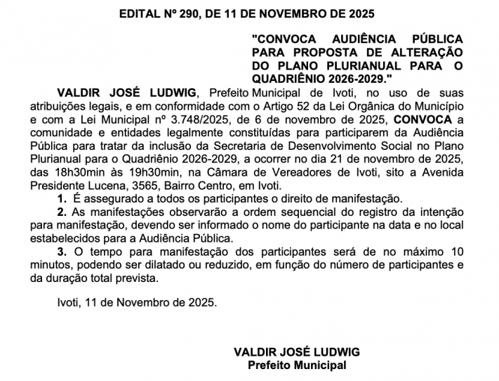 AUDIÊNCIA PÚBLICA PARA PROPOSTA DE ALTERAÇÃO DO PLANO PLURIANUAL PARA O QUADRIÊNIO 2026-2029